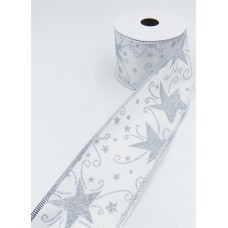 2.5 Inch Wired Christmas Ribbon With Silver Metallic Sparkle Stars on White Satin, 10 Yds (Lot of 1 Spool) SALE ITEM